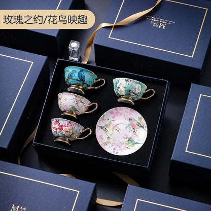 Gift-ready Luxurious European Bone China Coffee & Tea Set in a beautifully designed gift box, perfect for weddings or housewarmings.