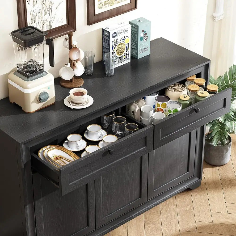 Durable 48” Farmhouse Buffet Cabinet with Storage, Black Sideboard Coffee Bar with anti-slip foot pads, perfect for modern rustic decor.