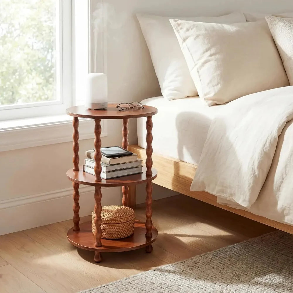 Garvee Round Accent Table 3-Tier - Sturdy Wooden Side Table Nightstand - Walnut, space-saving round accent table for small corners