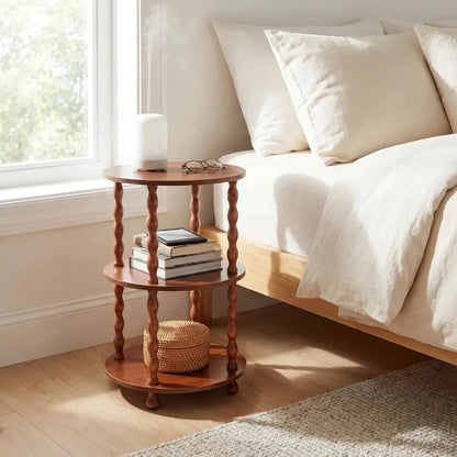 Garvee Round Accent Table 3-Tier - Sturdy Wooden Side Table Nightstand - Walnut, space-saving round accent table for small corners