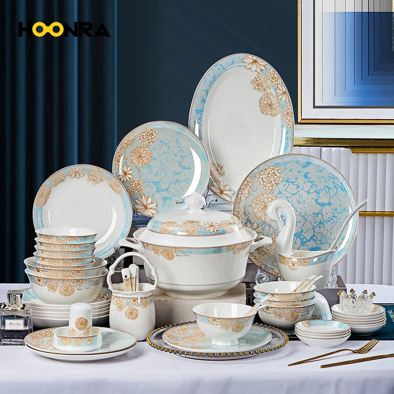 Close-up of the Elegant 16-Piece Blue And White Ceramic Dinnerware Set showcasing stylish blue and white designs.