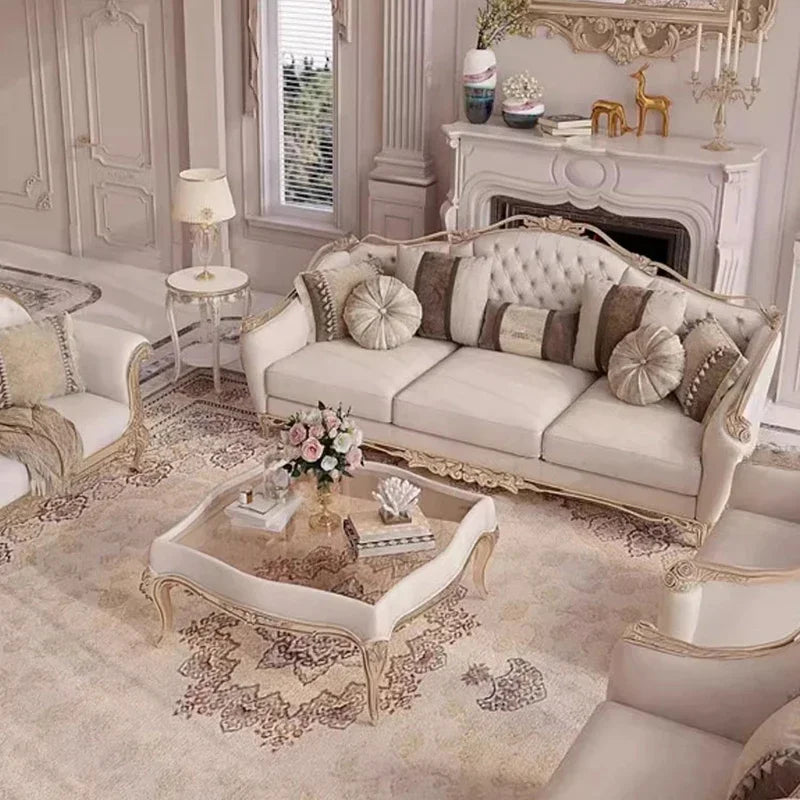 Elegant French Style Solid Wood Living Room Furniture set in a cozy setting, perfect for showcasing your beautiful home decor.