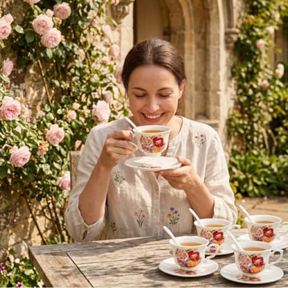 Group photo of vintage floral tea cups with detailed saucers, emphasizing the elegant design perfect for coffee or tea gifting.
