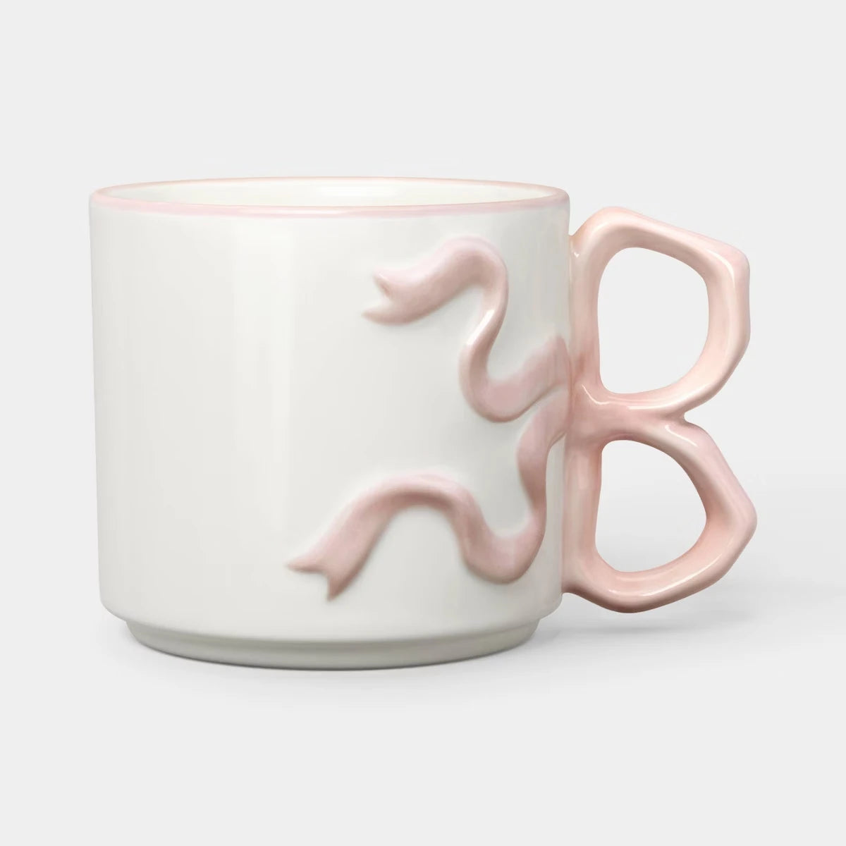 Room Essentials 17.22oz Cream Stoneware Bow Mug with Pink Handle, Microwave & Dishwasher Safe, stoneware coffee mug with pink bow handle