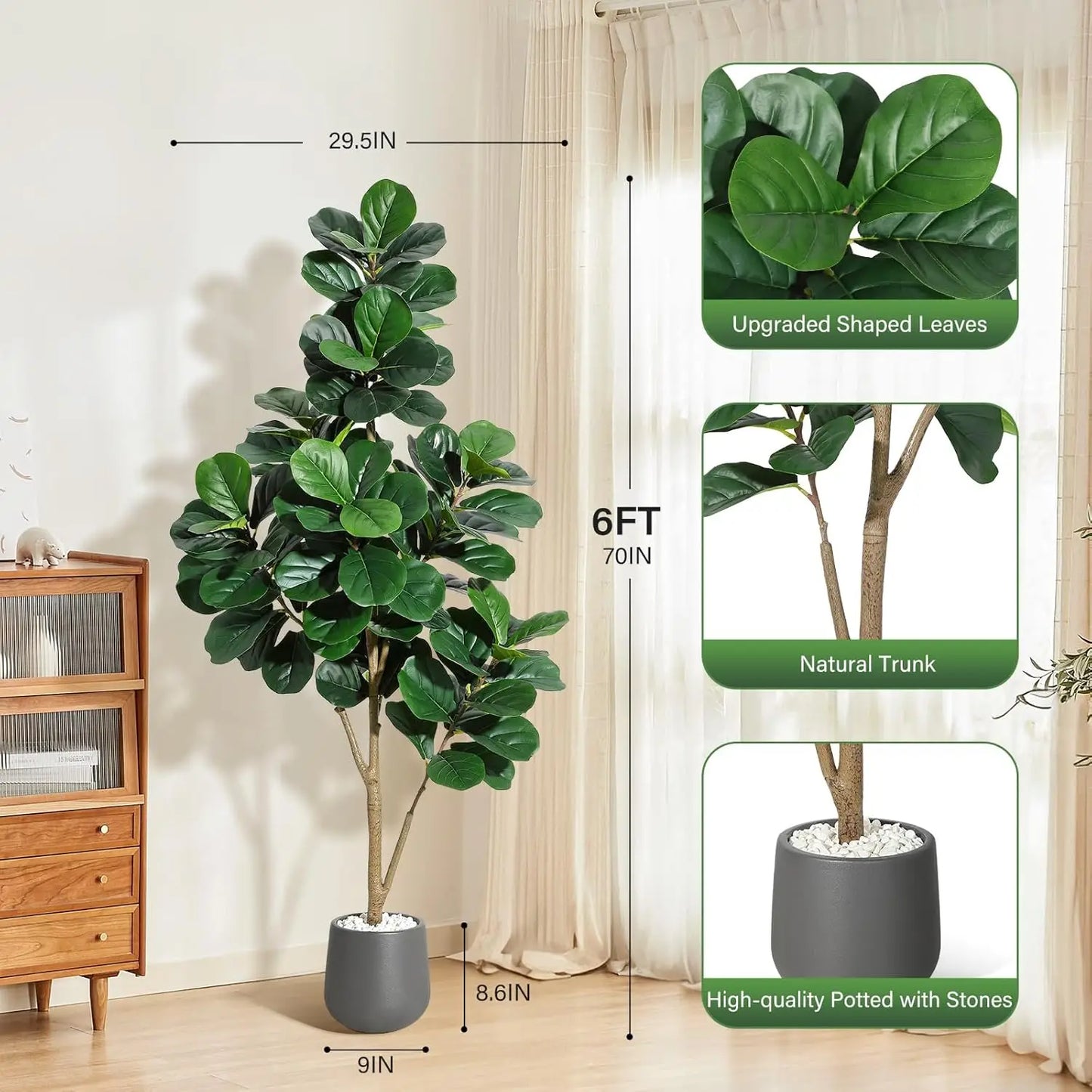 The 7FT Realistic Faux Fiddle Leaf Fig Tree in a contemporary home office, illustrating its sophistication and maintenance-free beauty.