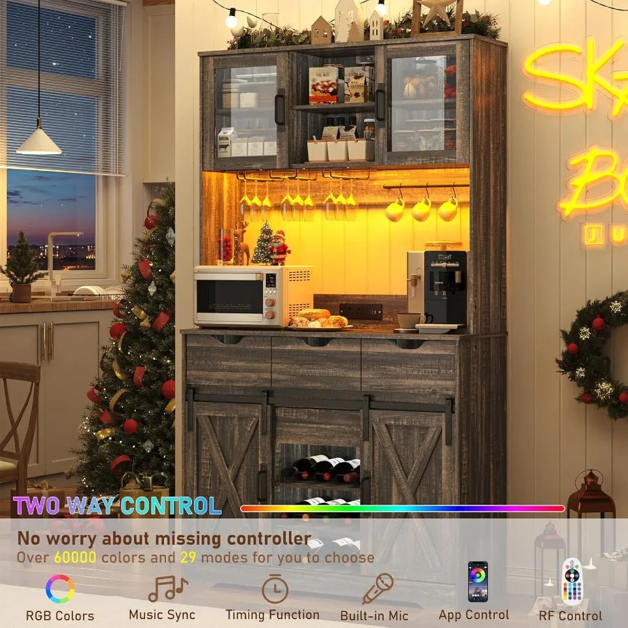 Farmhouse Coffee Bar Cabinet/Liquor Bar/Pantry Cabinet w/RGB Lights
