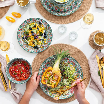 Boho Style 16-Piece Porcelain Dinnerware Set w/Mandala Floral Pattern