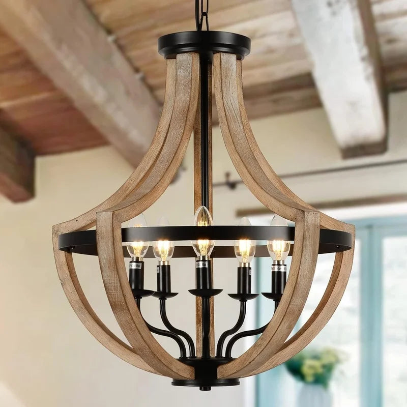 Close-up of the 5-Light Farmhouse Lantern Wood Chandelier featuring black candle-style sockets and solid wood construction.