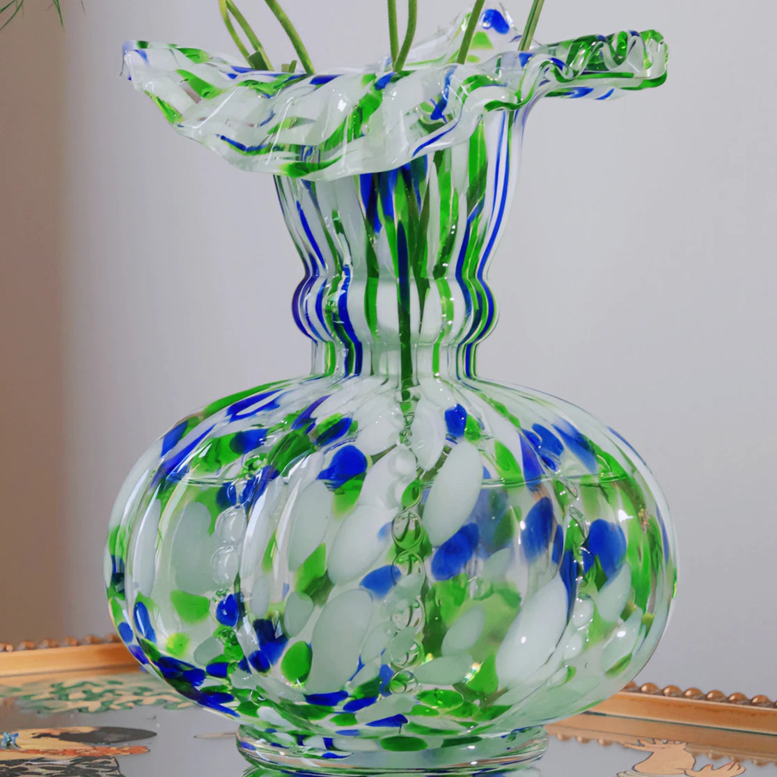 Decorative Hand-Blown Blue & Green Speckled Glass Vase w/A Ruffled Design Edge