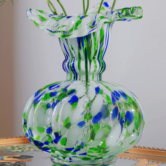 Decorative Hand-Blown Blue & Green Speckled Glass Vase w/A Ruffled Design Edge