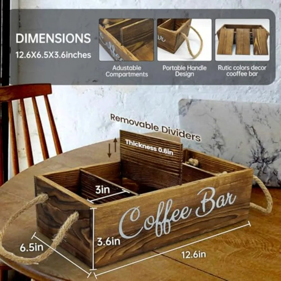 The beautiful wooden finish of the Rustic Farmhouse Coffee Bar Organizer with Dividers, a must-have farmhouse coffee organizer.