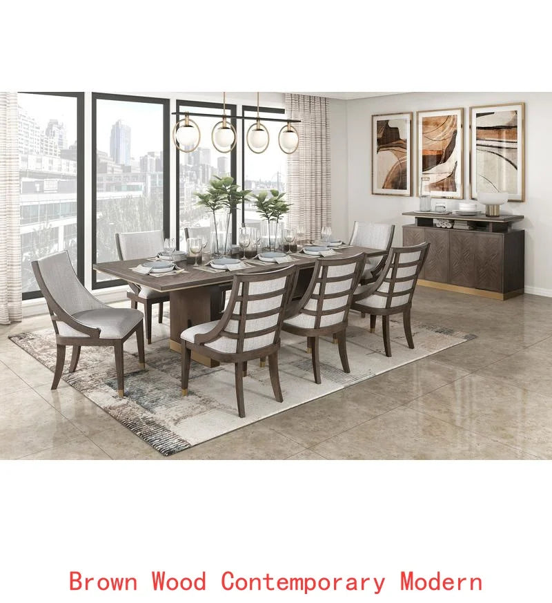 Modern Brown Finish 9-Piece Dining Table Set w/Extension + 8 Upholstered Armchairs
