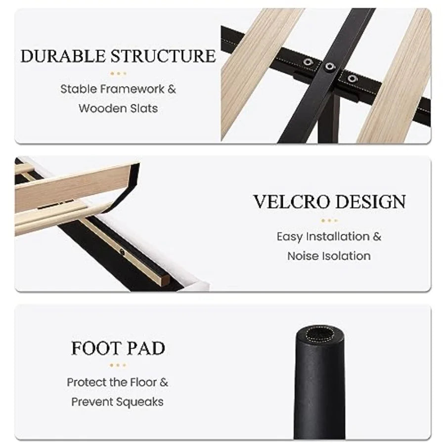 Assembly step for Luxury Velvet Wingback Bed Frame, emphasizing easy setup without a box spring.