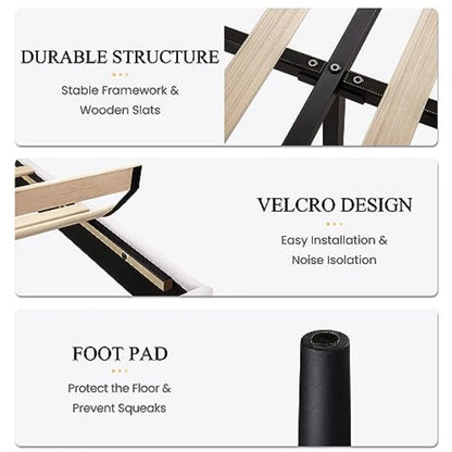 Assembly step for Luxury Velvet Wingback Bed Frame, emphasizing easy setup without a box spring.