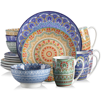 Boho Style 16-Piece Porcelain Dinnerware Set w/Mandala Floral Pattern