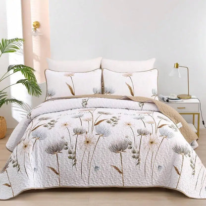3-Piece Queen Floral Quilt Set, Lightweight Reversible Farmhouse Coverlet with 2 Pillow Shams - farmhouse-style queen bed quilt
