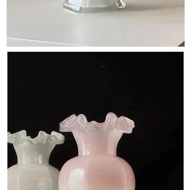 Vintage 24Cm Opalescent Ruffled Edged Fenton Glass Vase displayed among decorative elements.