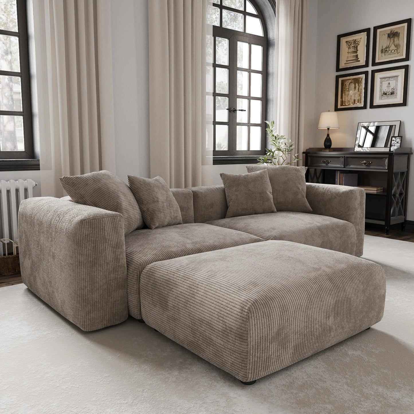 Oversized L-shaped Beige Corduroy Modular Sectional Sofa w/Throw Pillows