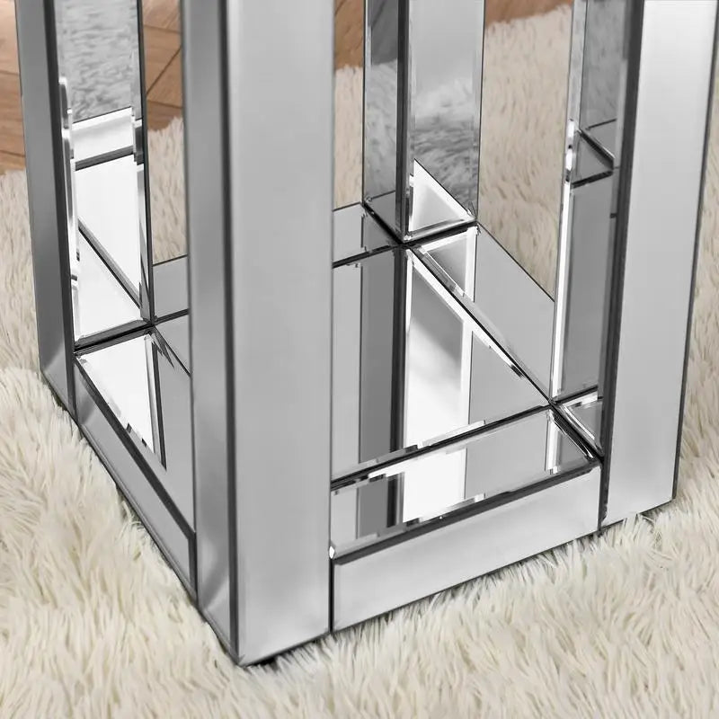 Modern Square 2-Tier Mirrored End Table w/ Crystals Inlay