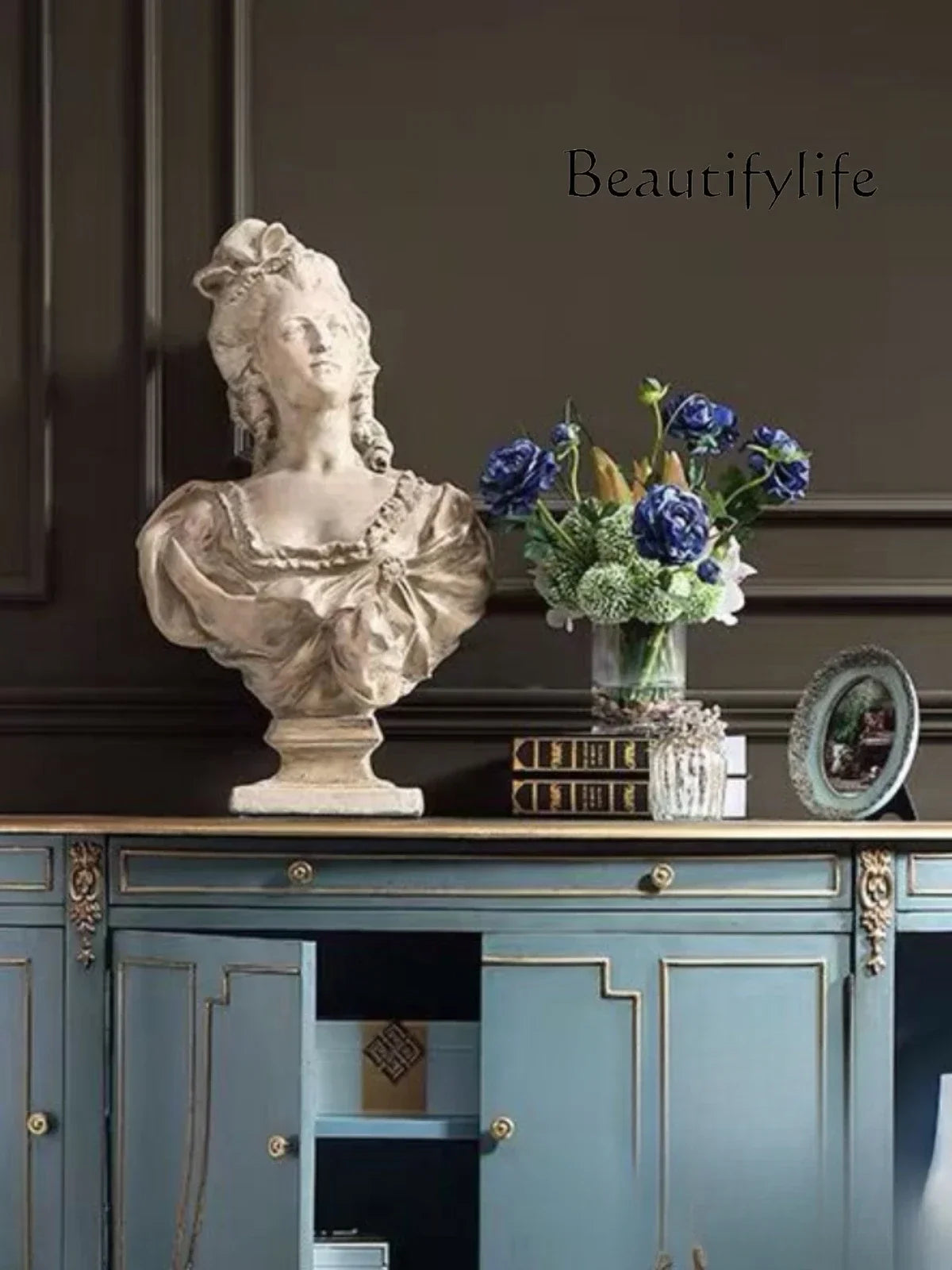 Side angle of the Elegant Blue & Gold French-American Style Sideboard Cabinet emphasizing the semi-circle design; a unique blue and gold sideboard for contemporary interiors.