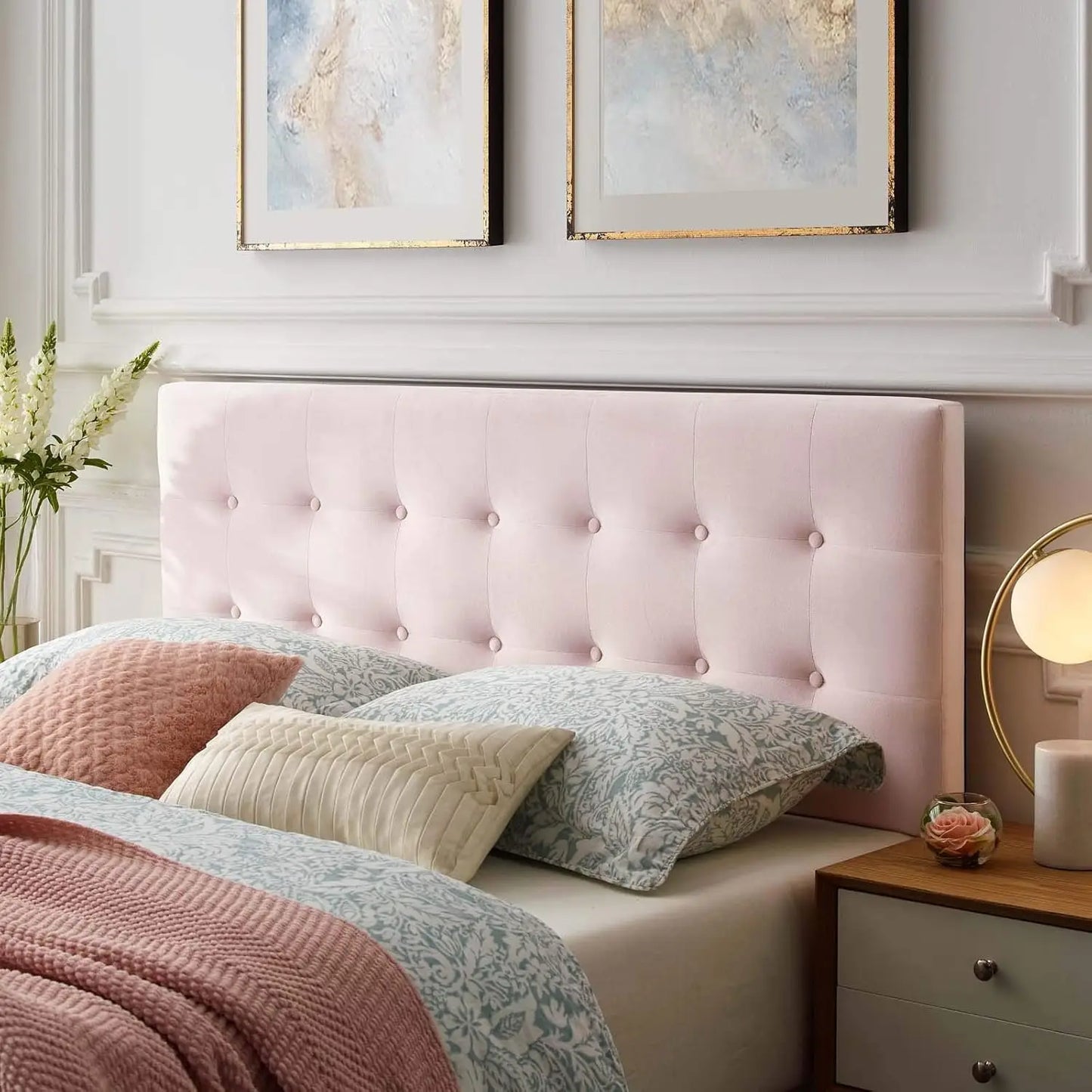 Elegant Queen Size Velvet Pink Headboard w/Tufted Design
