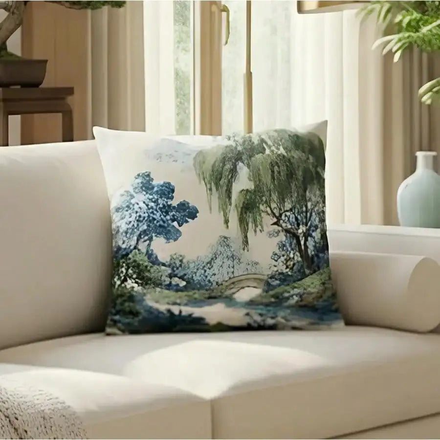 Green Willow Chinoiserie Scenic Landscape Pillow Cover in Blue and Green, Polyester Throw Pillow Case with Hidden Zipper, soft polyester fabric and scenic chinoiserie pillow cover pattern