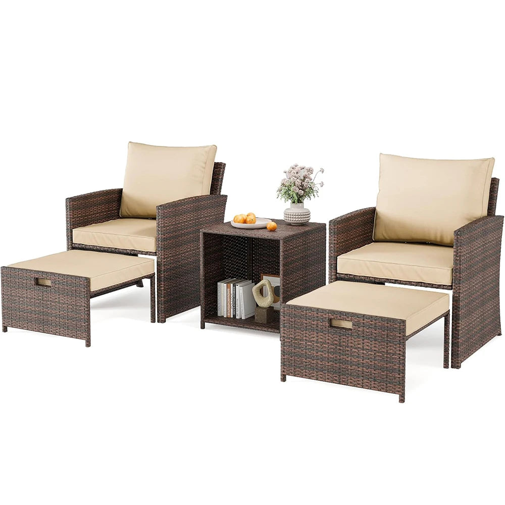 Lifestyle shot of friends enjoying the Modern 5-Piece Patio Conversation Set, creating a welcoming atmosphere for social gatherings.