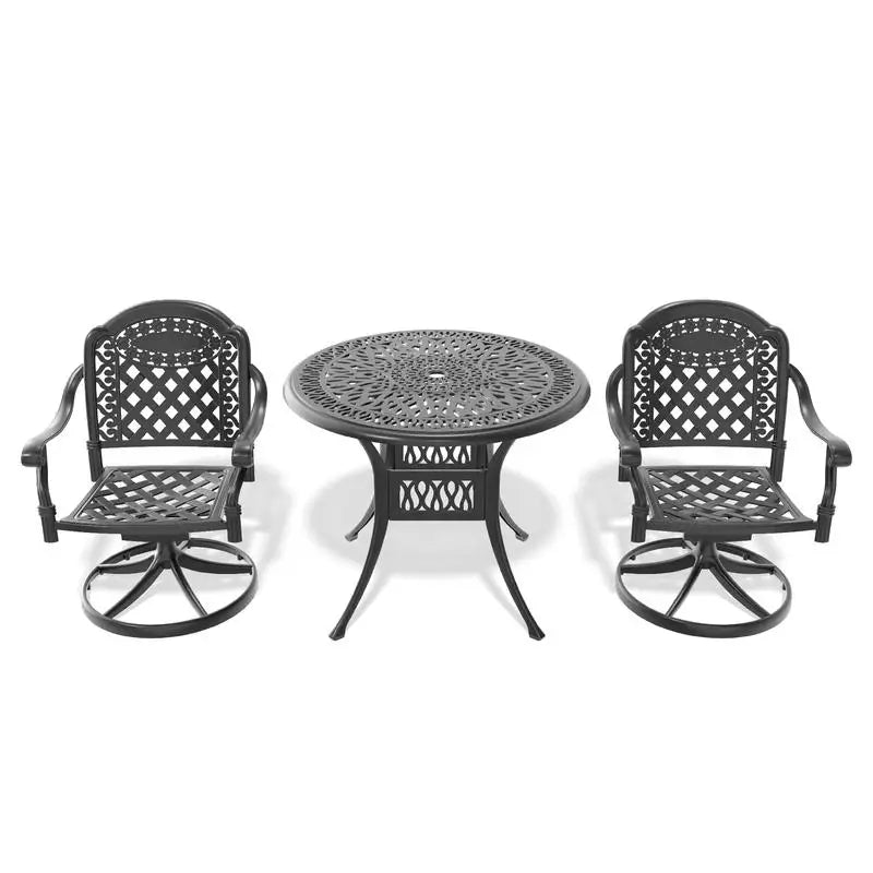   3 or 5-Piece All-Weather Black Cast Aluminum Patio Set w/Swivel Chairs & Cushions