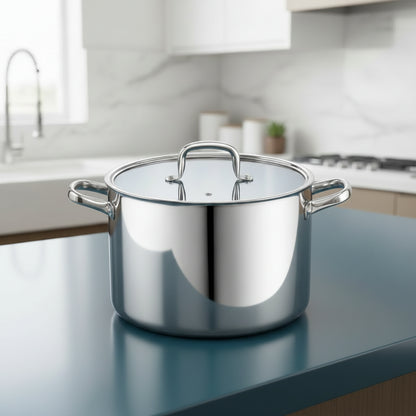 HomelyOasis 12-Qt. Stainless Steel Tri-Ply Clad Stockpot with Lid, perfect for large batches of soup or stew, large stainless steel stockpot.