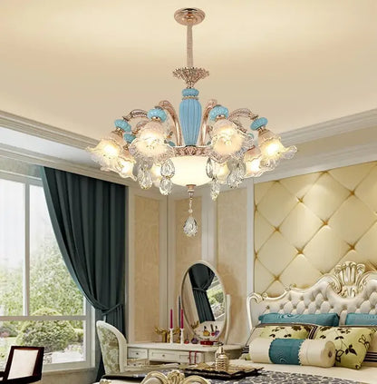 Frosted White Glass Tiffany Blue Floral Chandelier