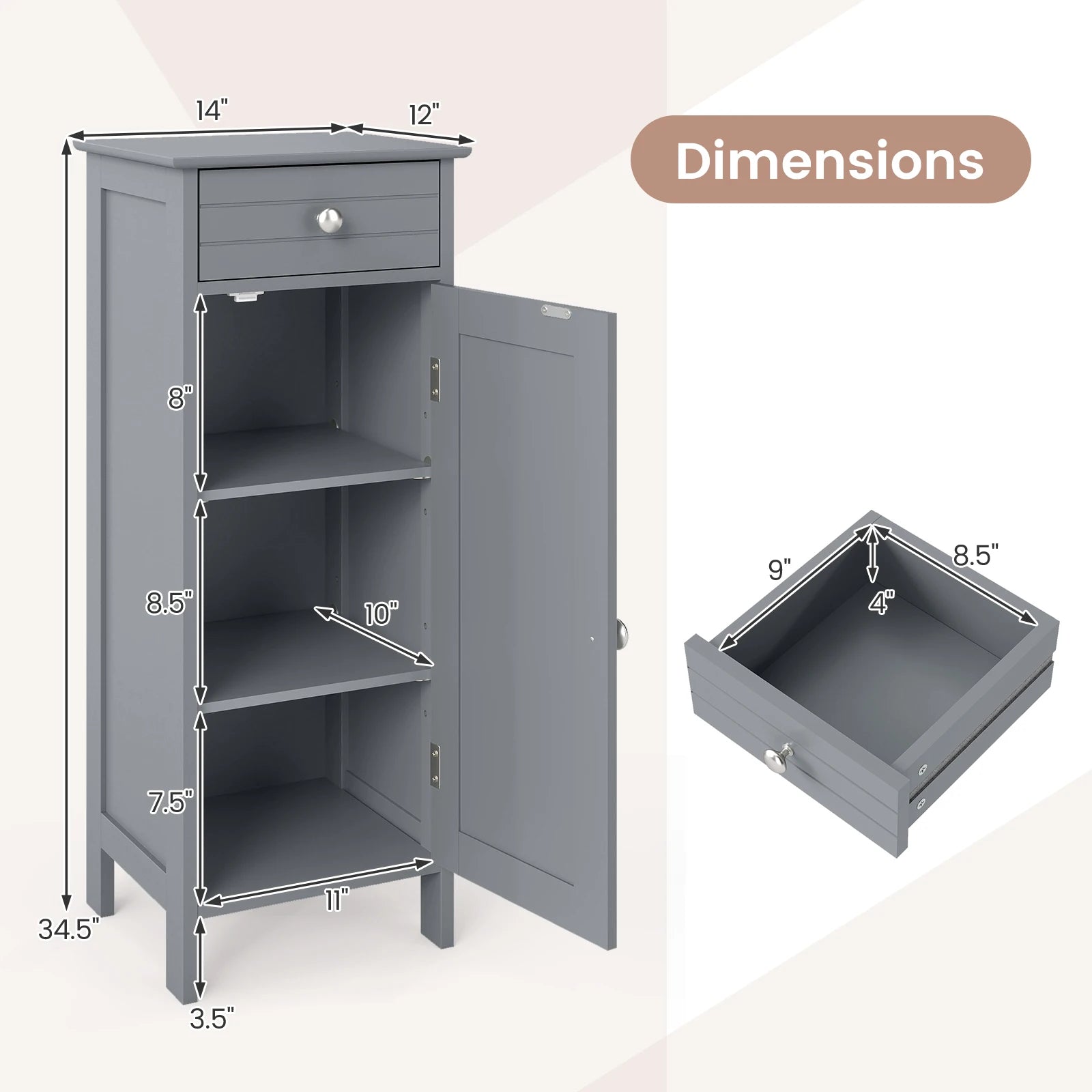 Inside view of the adjustable shelves of the Slim Grey Bathroom Storage Cabinet, highlighting its capacity as a versatile gray freestanding organizer.