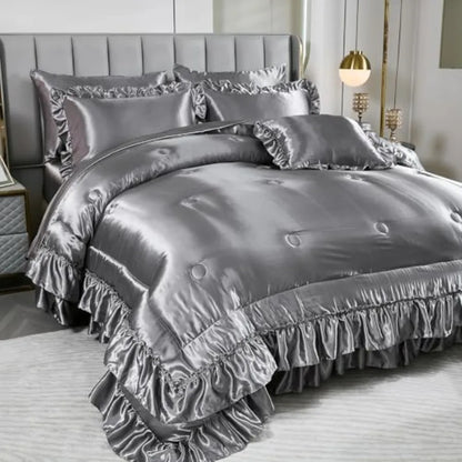 Cozy bedroom featuring the Grey Satin Comforter Set, styled with plush pillows and warm lighting for a luxurious ambiance.