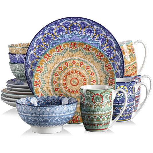 Boho Style 16-Piece Porcelain Dinnerware Set w/Mandala Floral Pattern