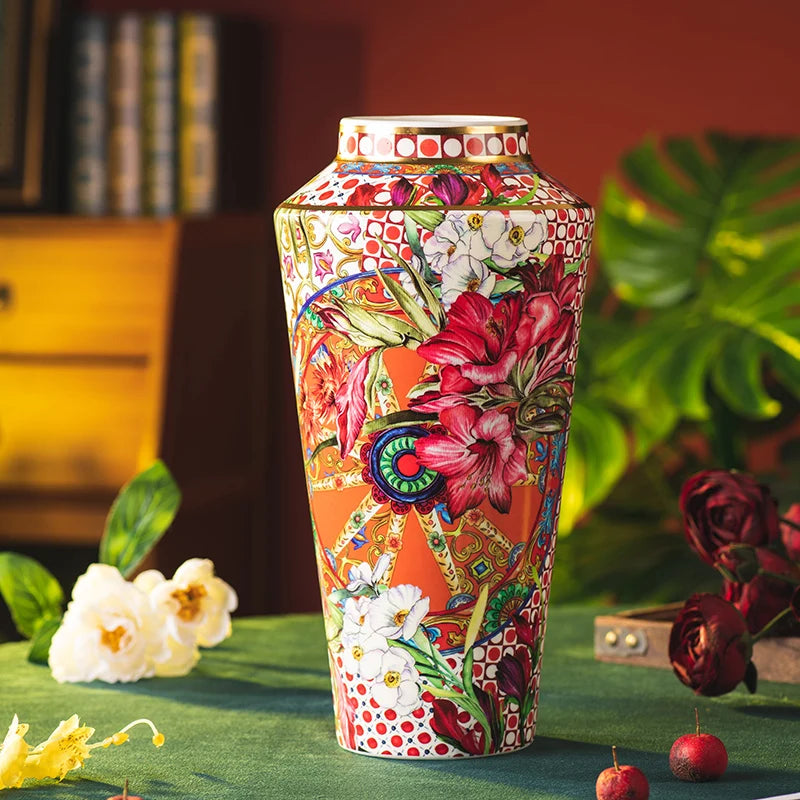 Close-up of the Colorful Ceramic Flower Vase with Gold Accents, highlighting its exquisite craftsmanship and stunning colors.