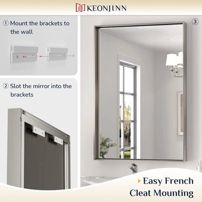 Modern Brushed Nickel Rectangular Bathroom Mirror