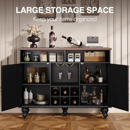 Vintage Style Black Wine Bar Cabinet w/Integrated Wine Rack and Glass Holder