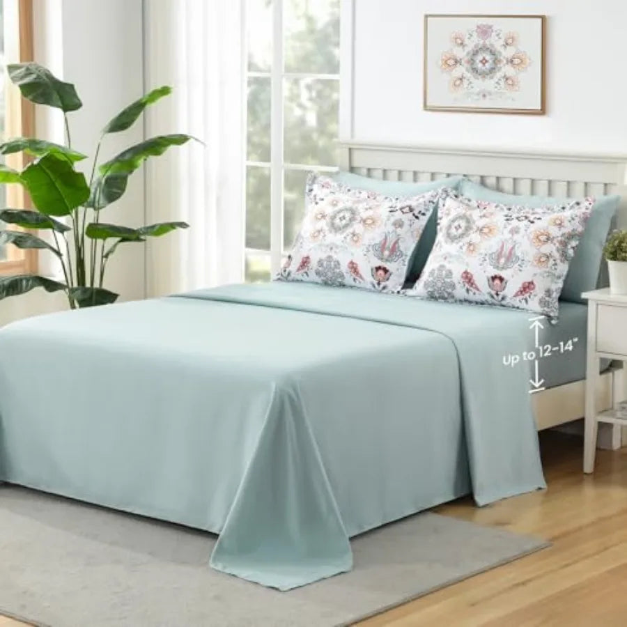The Boho Floral Comforter Set with coordinating pillow shams and bedding accessories displayed in a vibrant, serene bedroom.