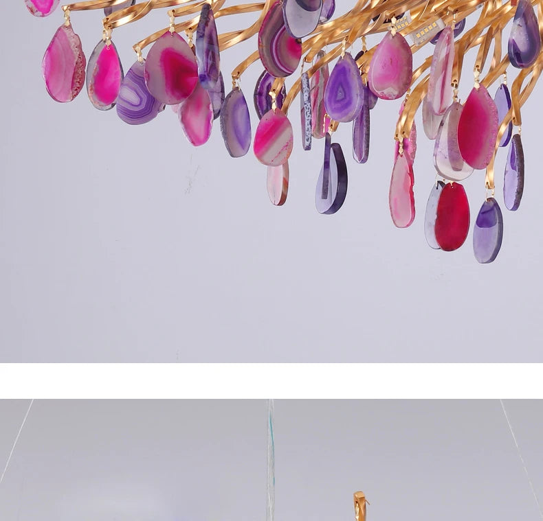 Art deco chandelier showcasing brilliant, colorized agate slices, a beautiful addition to any decor.