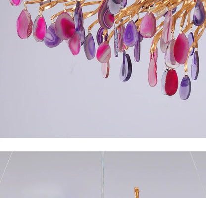 Art deco chandelier showcasing brilliant, colorized agate slices, a beautiful addition to any decor.