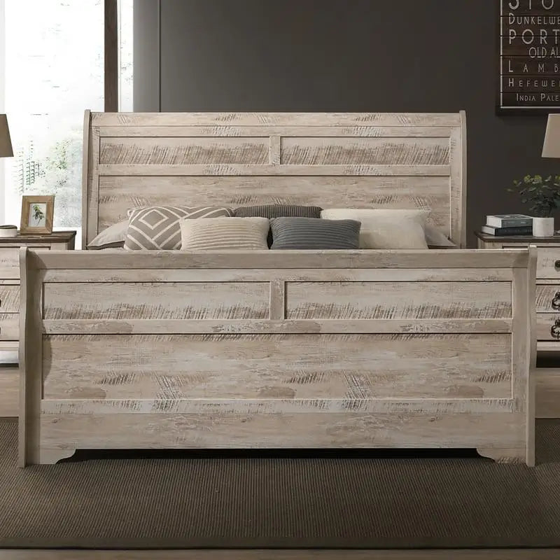 Close-up of the beautiful white wash finish on the Elegant 5-Piece Queen Bedroom Set sleigh bed.