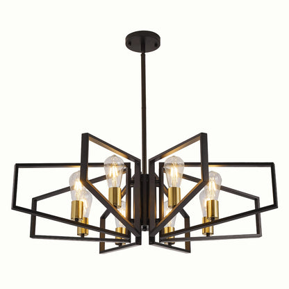 Modern 8-Light Geometric Black Frame Chandelier w/Gold Accents