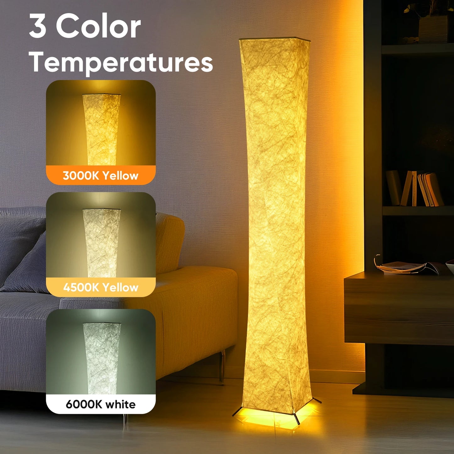 64-Inch Dimmable Column Floor Lamp turned on, illustrating its three brightness levels for various moods.
