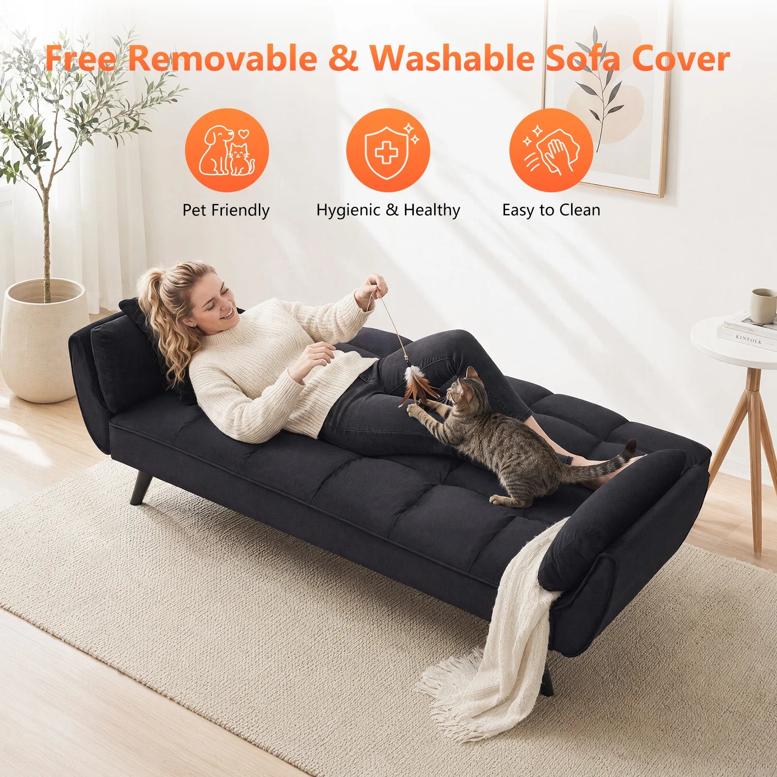 A living room setup featuring the 57" Velvet Convertible Futon Sofa, illustrating multifunctional use in apartments.