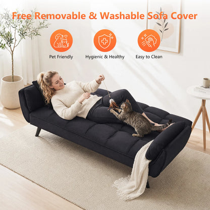 A living room setup featuring the 57" Velvet Convertible Futon Sofa, illustrating multifunctional use in apartments.