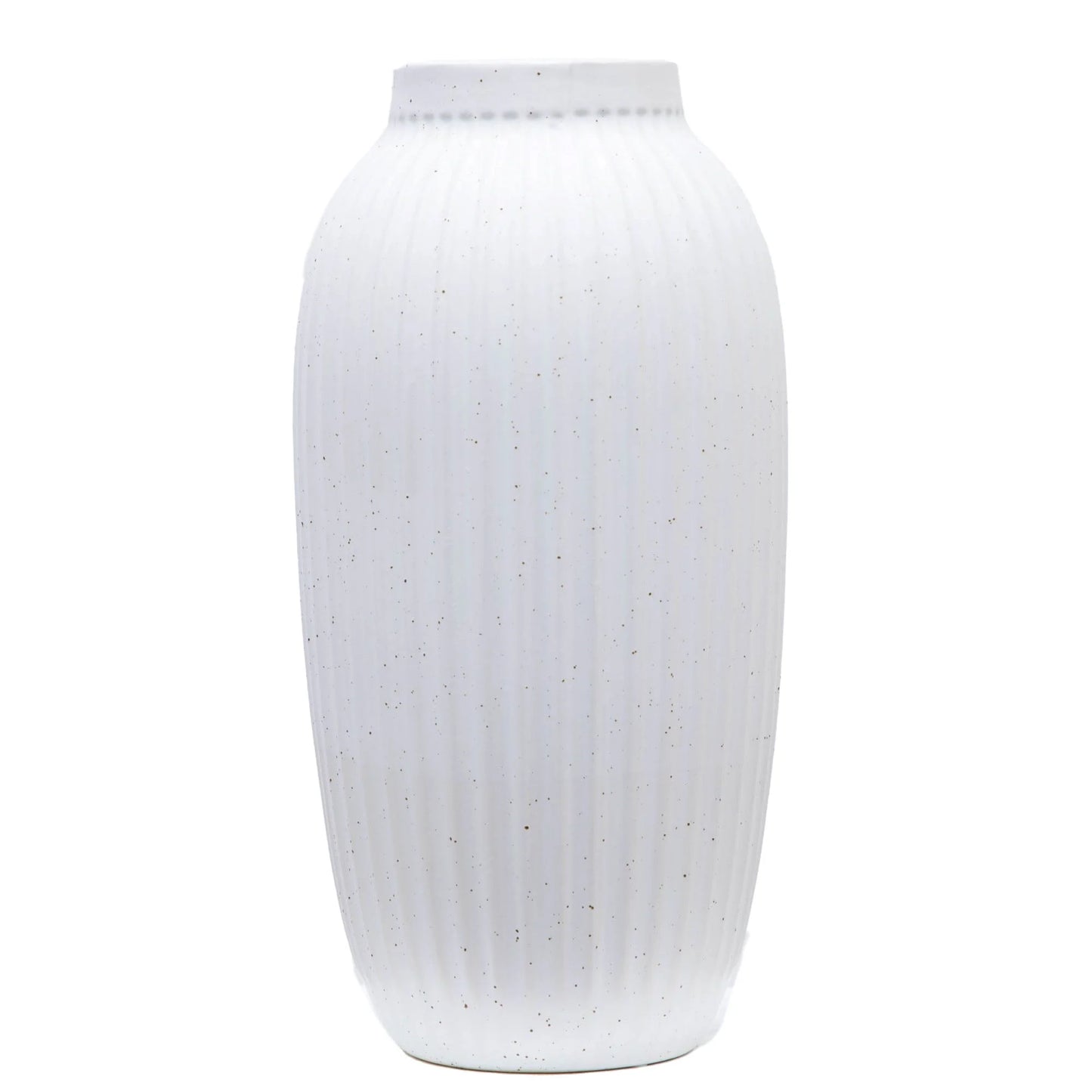 Decorative Indoor Speckled White Ribbed Ceramic Vase