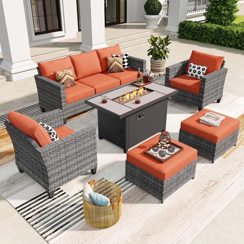 Modern 6-piece Rattan Wicker Patio Furniture Set w/a Gas Propane Fire Pit Table 
