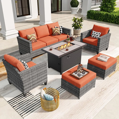 Modern 6-piece Rattan Wicker Patio Furniture Set w/a Gas Propane Fire Pit Table 