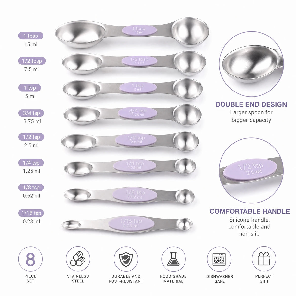 16-Piece Magnetic Measuring Cups and Spoons Set, 304 Stainless Steel with Purple Silicone Handles showing purple silicone grips
