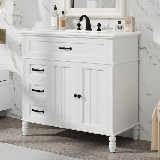 Freestanding 36" White Bathroom Vanity w/Ceramic Sink
