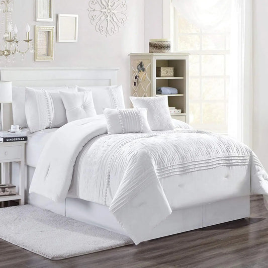 Chezmoi Collection Grace 7-Piece Queen Comforter Set featuring white floral chenille bedding with pom pom embroidery, showcasing its elegant design and luxury soft feel.